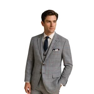 Paul Fredrick Linen Cotton Men’s Blazer Jacket Light Blue Windowpane 48R